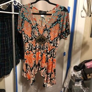 Midnight Velvet Orange and Blue V-Neck Blouse